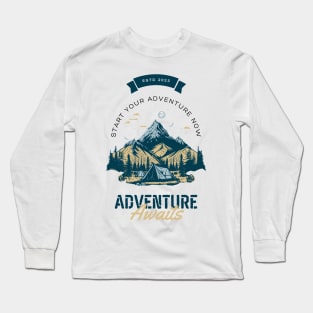 Cream Green Illustrated Adventure Awaits T-Shirt Long Sleeve T-Shirt